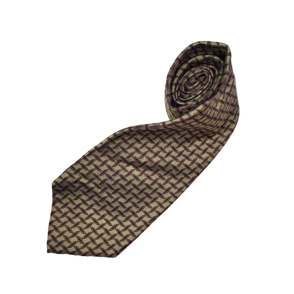 Wm King Clothiers Silk Necktie Mens One Size Olive Green Burgundy Geometric Leaf